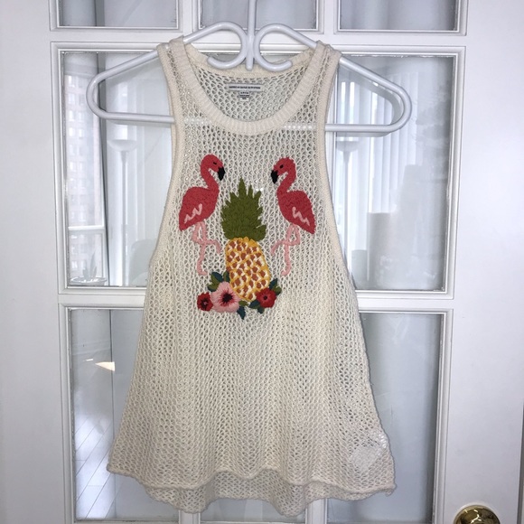 American Eagle Crochet Tank Top with Flamingo Embroidery 100% Cotton Size Small - Picture 1 of 3